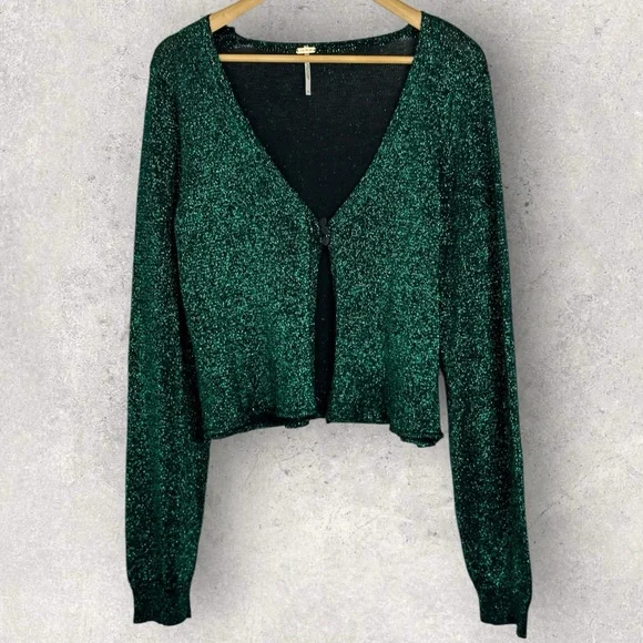 SOLD Free People Alpine Green Glitter Metallic Cardigan‎ Womens Size XL Y2K - Picture 5 of 15